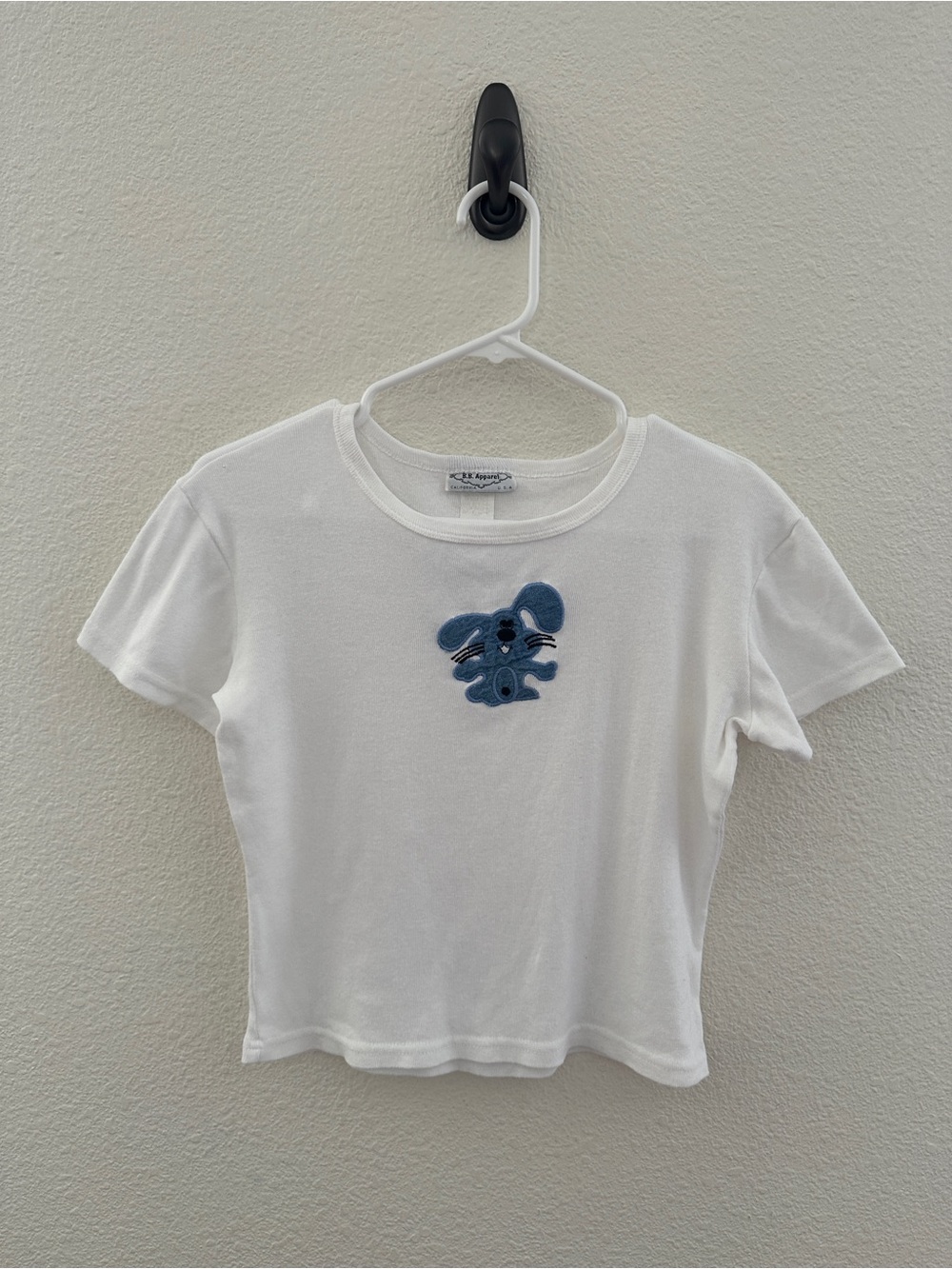 Vintage B.B. Apparel White Ribbed Denim Blue Bunny Applique Baby Tee Y2K Small